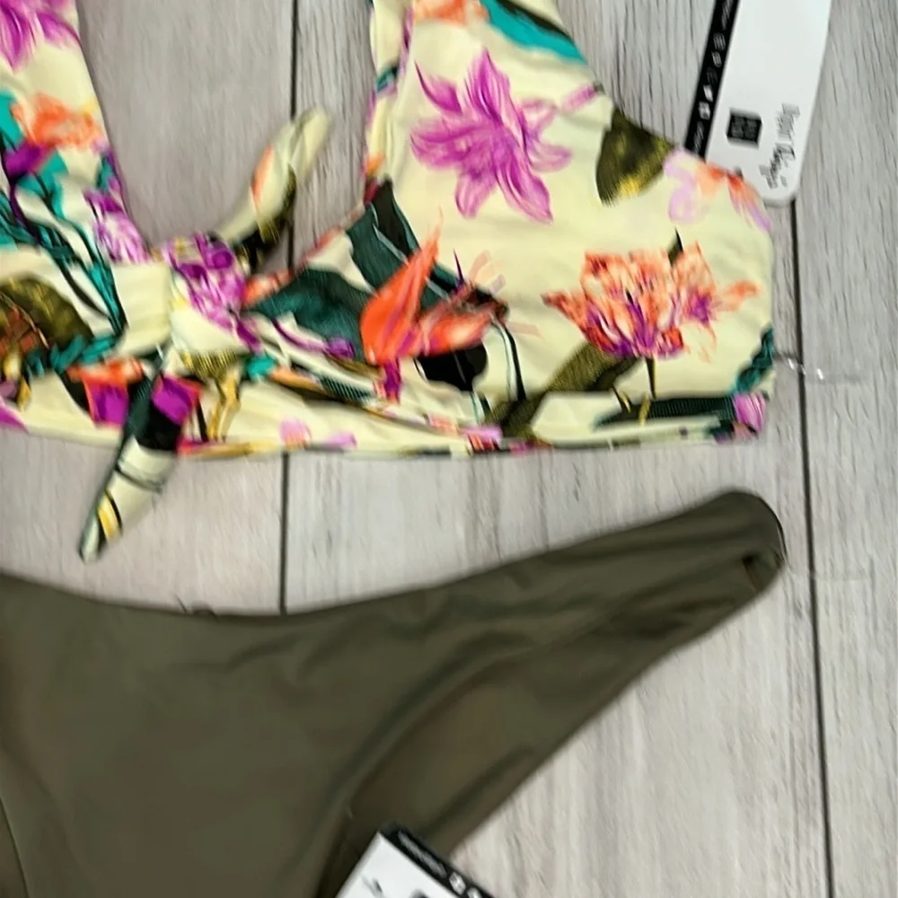 Dippin' Daisy's tropical print olive green 2 piece bikini swimsuit set size S